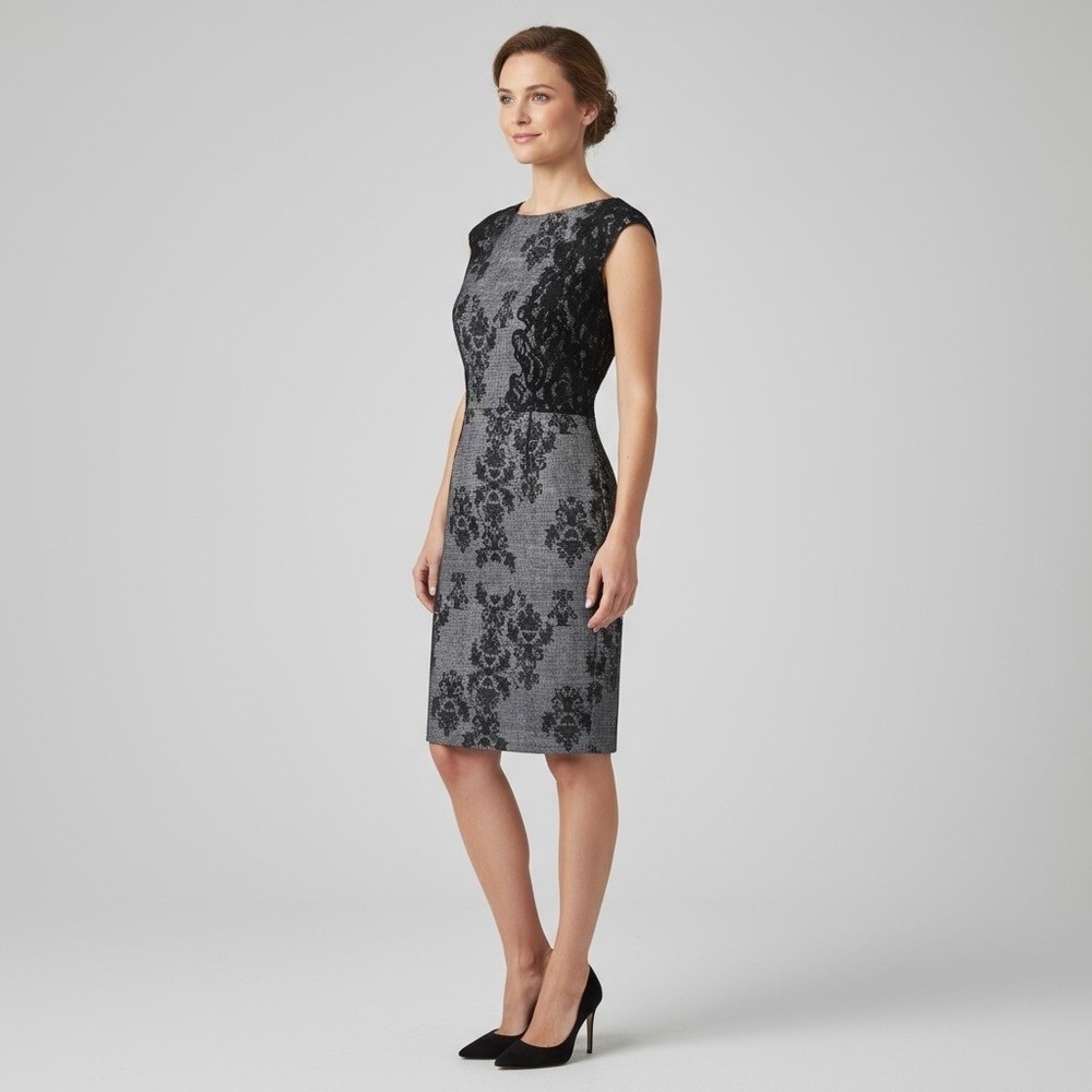 Adrianna Papell Black Lace Floral Overlay Bodice Dress Cap Sleeve Lined Size 8